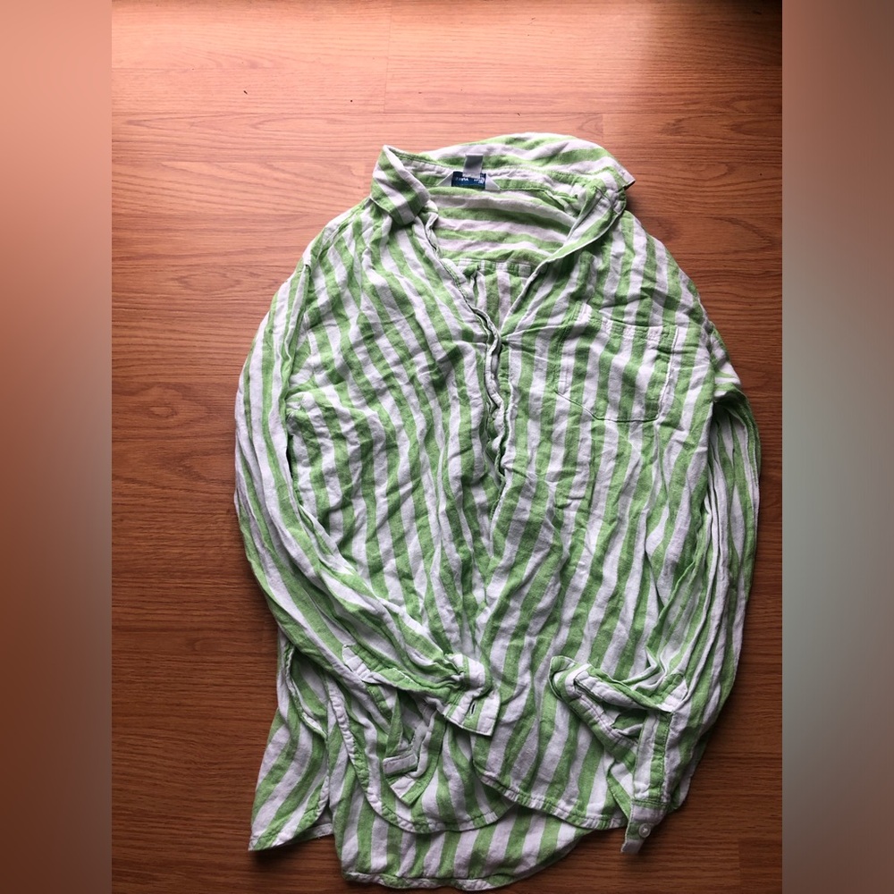 Old Navy Green and White Striped Boyfriend Shirt